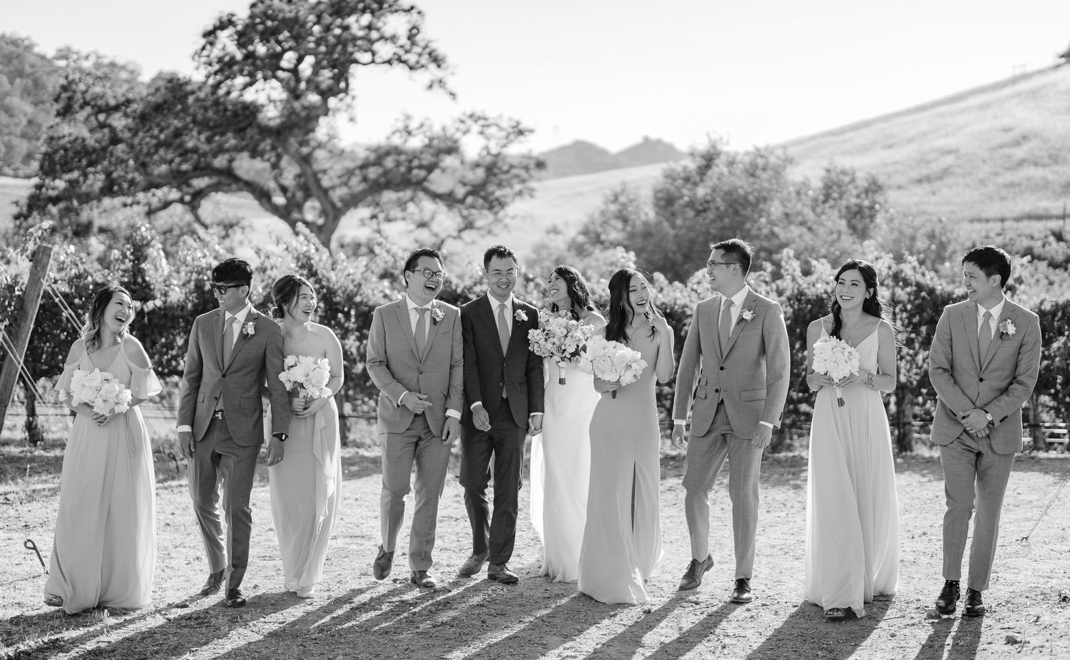 Wedding party stands in line outdoors against a scenic hillside backdrop.