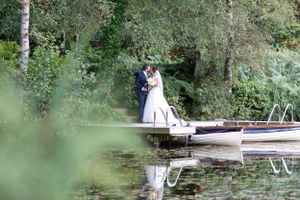 lake portrait of bride and groom
