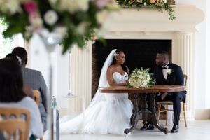 beautiful bride and groom chatting after getting married