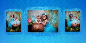 Collection of fantasy-themed child portraits with blue background and creative lighting effects.