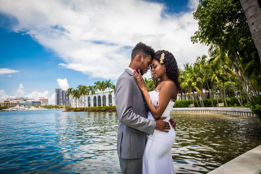 Romantic waterfront wedding photos with palm trees and ocean views in the background.