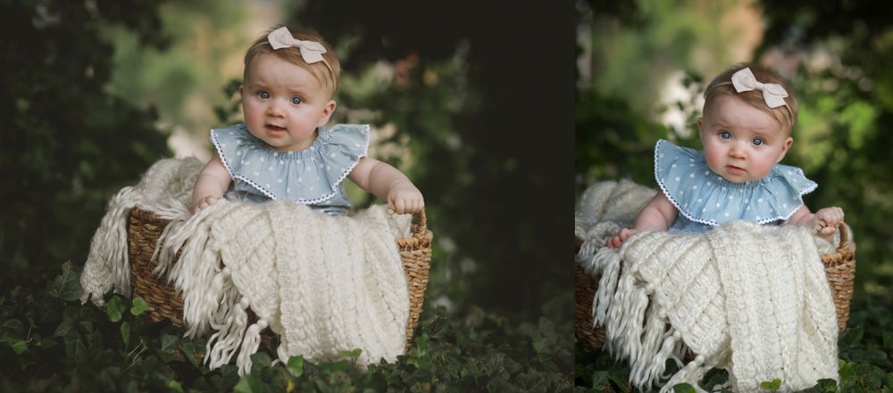 Baby photos taken outdoors with vintage-style clothing and natural lighting.