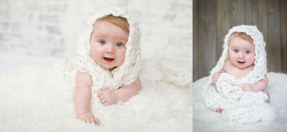 Baby portrait series with delicate lace wraps and soft lighting.