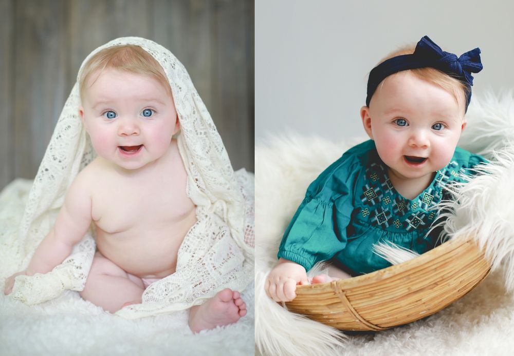 Series of baby photos with blankets and decorative props against light backgrounds.