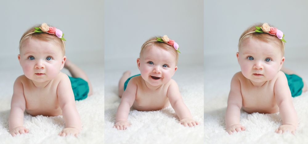 Baby milestones progression photos showing crawling and sitting poses.