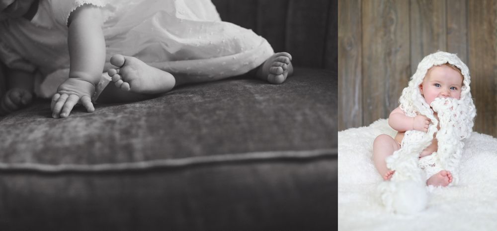 Collection of artistic black and white baby portraits with lace accents.