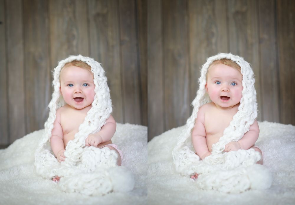 Baby photo series showing expressions while lying on wooden floor with lace wrap.