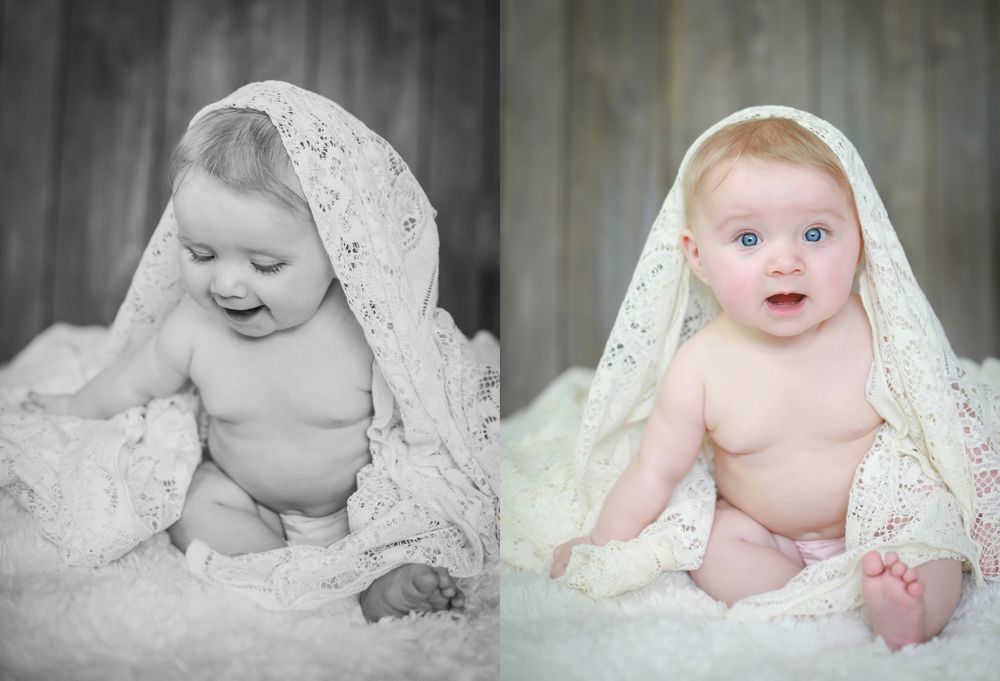 Side-by-side comparison of vintage and modern baby portraits wrapped in delicate lace blankets.