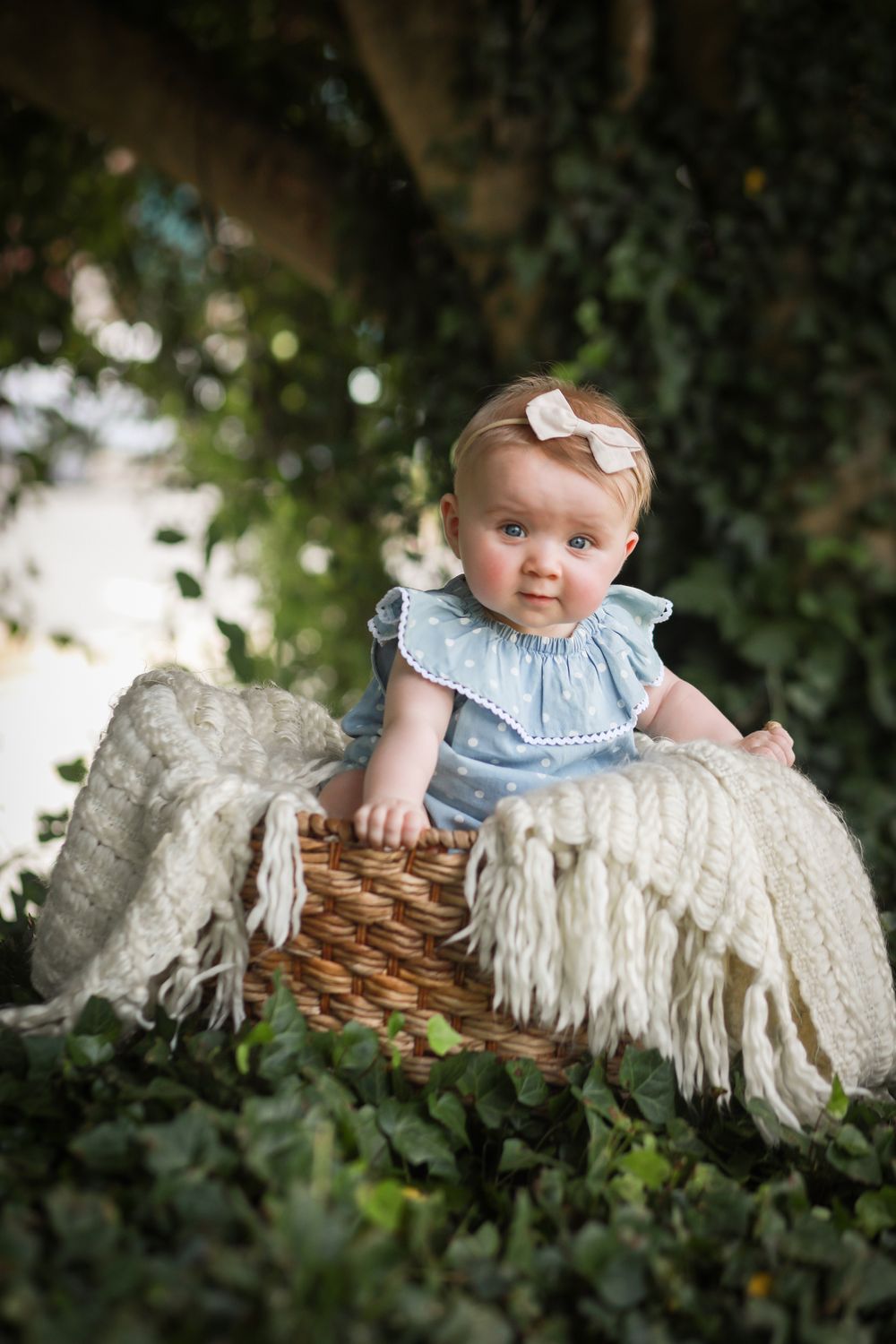 Baby sitting in rustic basket with cream fringe blanket against ivy backdrop.