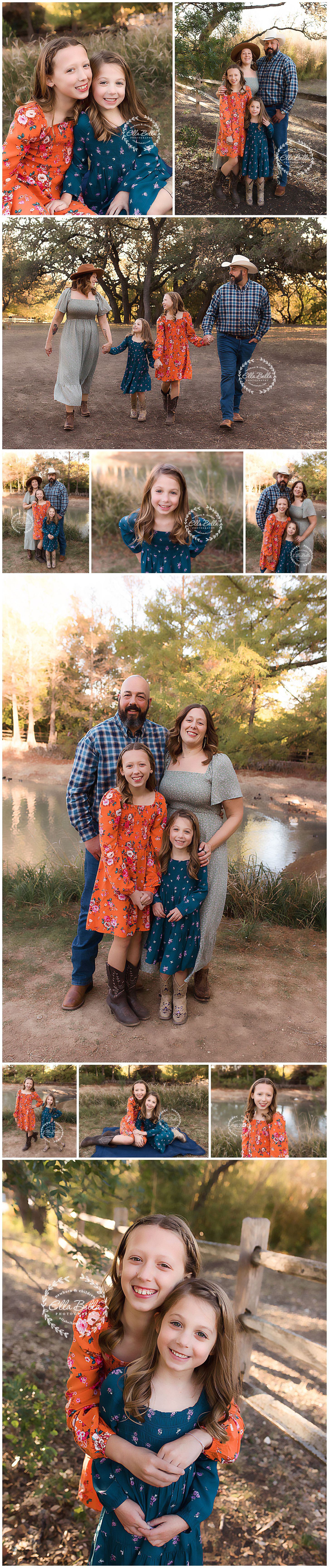 Family portrait collection with coordinated outfits in rustic outdoor setting at sunset.