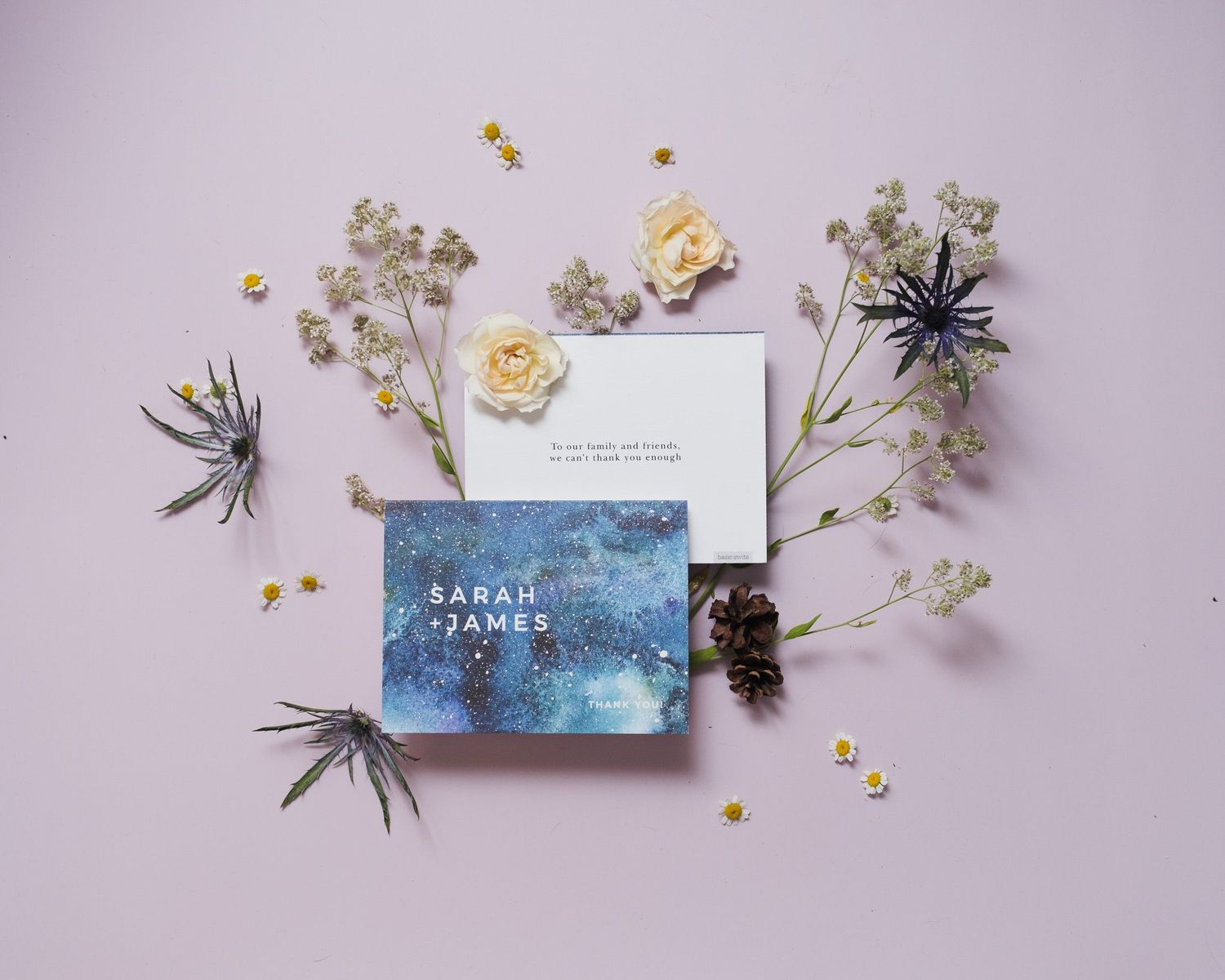 Elegant invitation card with blue watercolor design surrounded by delicate flowers and air plants on pink background.