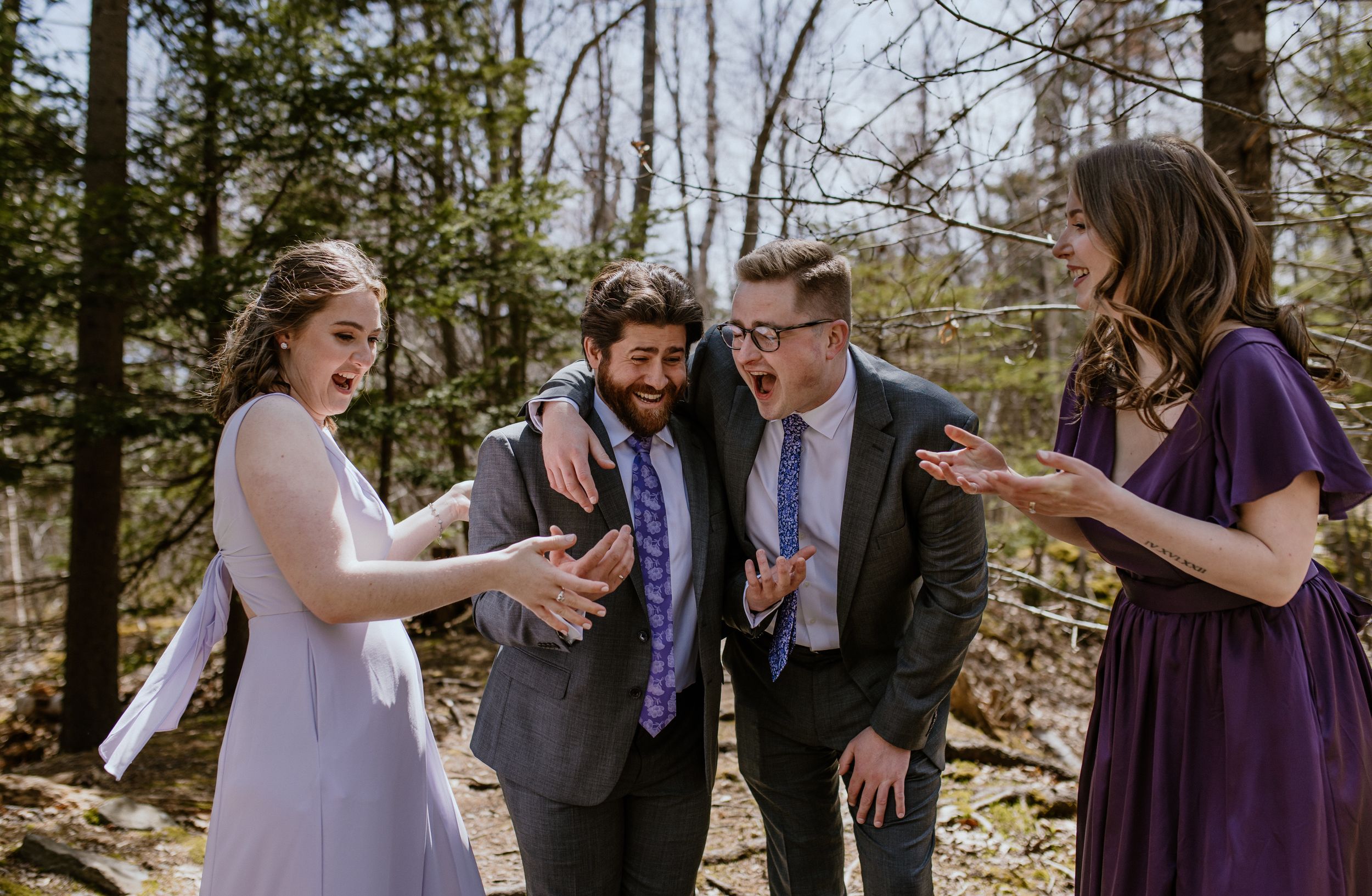 Maids of honour and best men being silly for group shot at Shubie Park, Dartmouth Nova Scotia