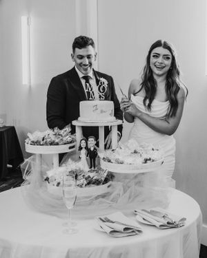 A couple stands beside their elegant white wedding cake during their reception celebration.