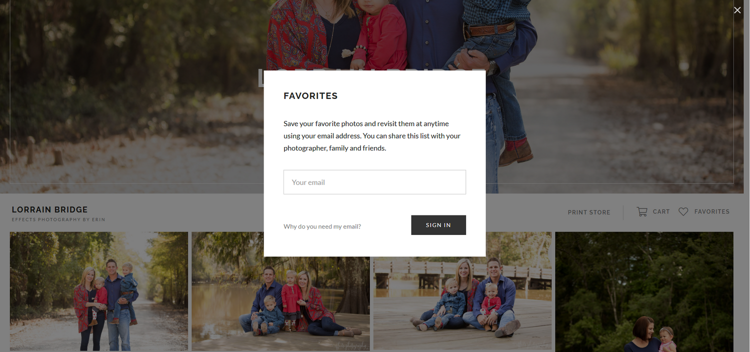 Photography website interface displaying family photo selections and favorites menu.