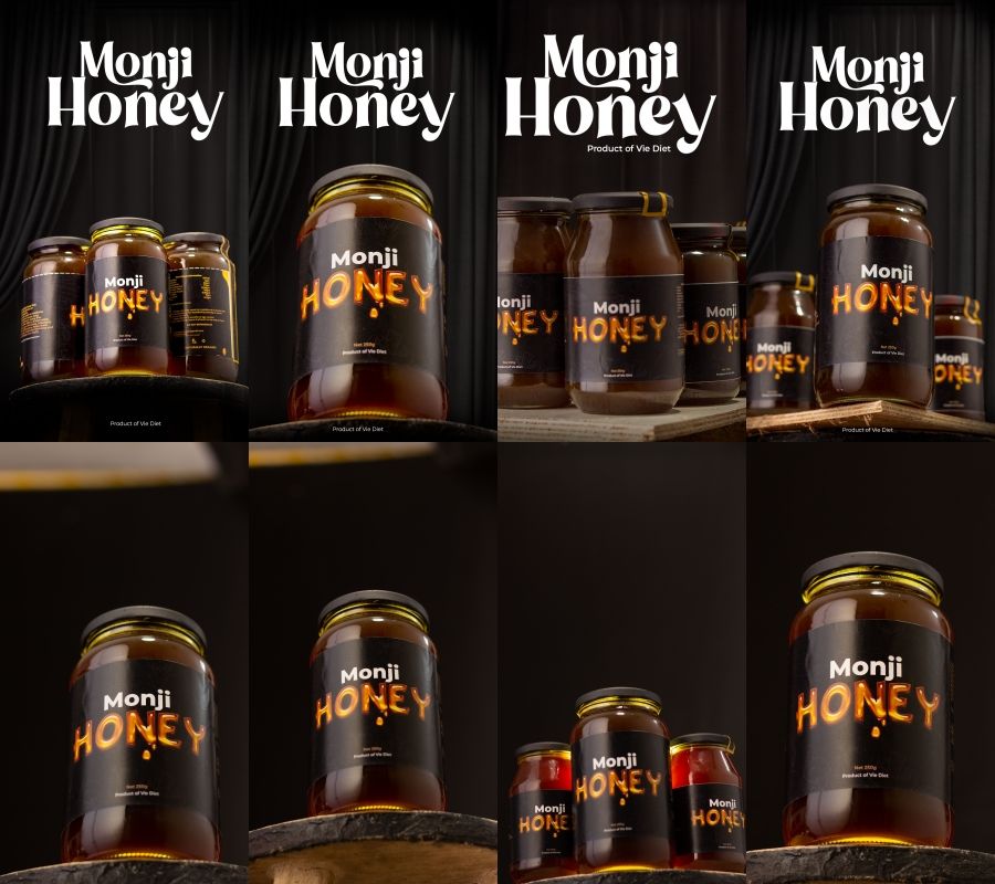 Product photography of Monji Honey jars arranged in various compositions against dark backgrounds.