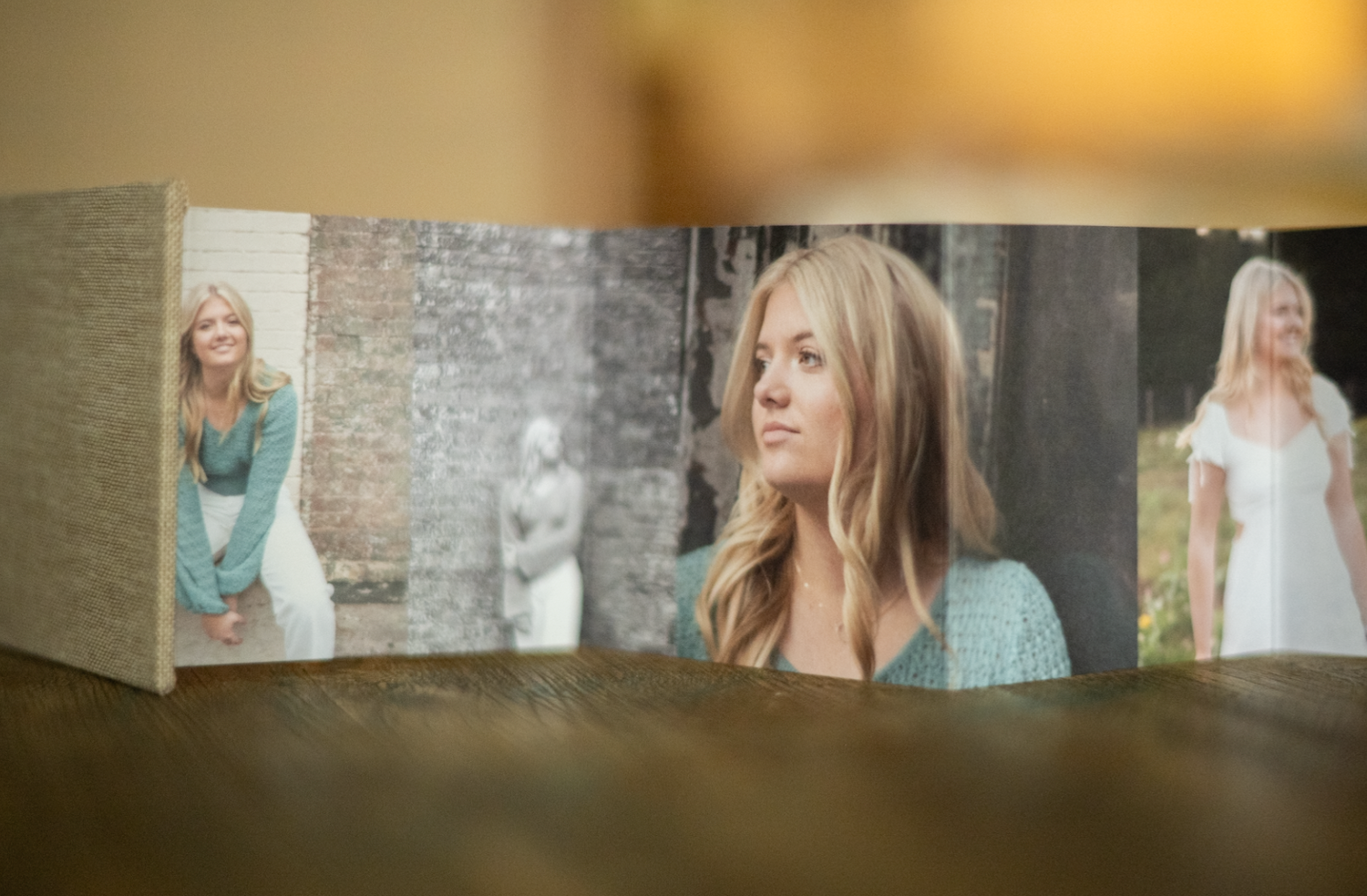 A series of artistic portrait photographs arranged in a row with soft focus.