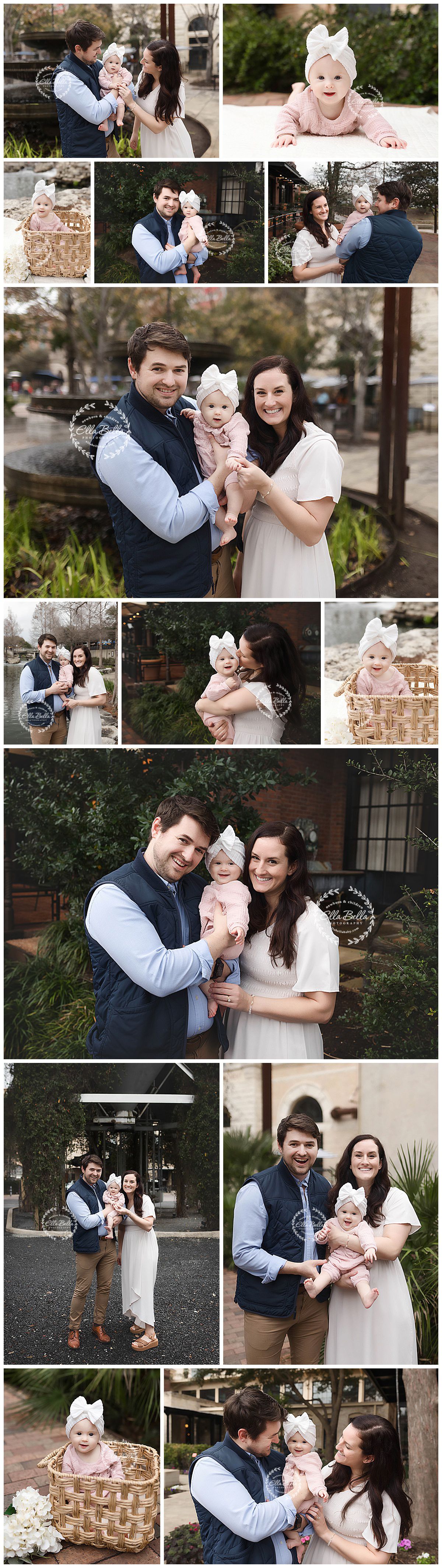 Collection of outdoor family portraits featuring parents and baby in coordinated navy and white outfits.
