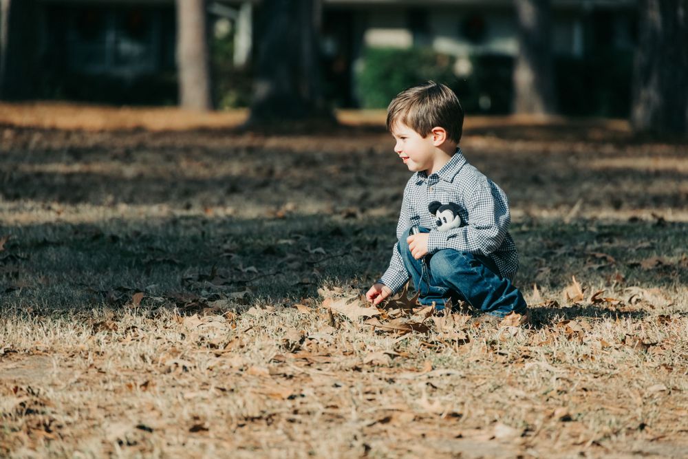 toddler boy playing in the leaves