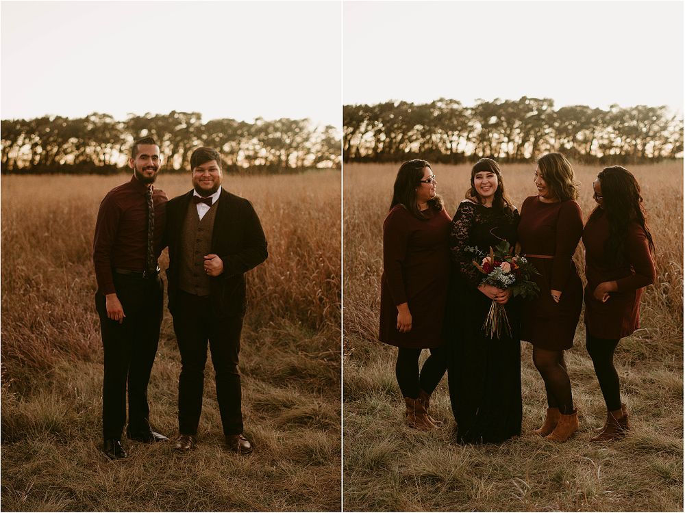 Side-by-side photos of wedding party members in black attire posed in field.