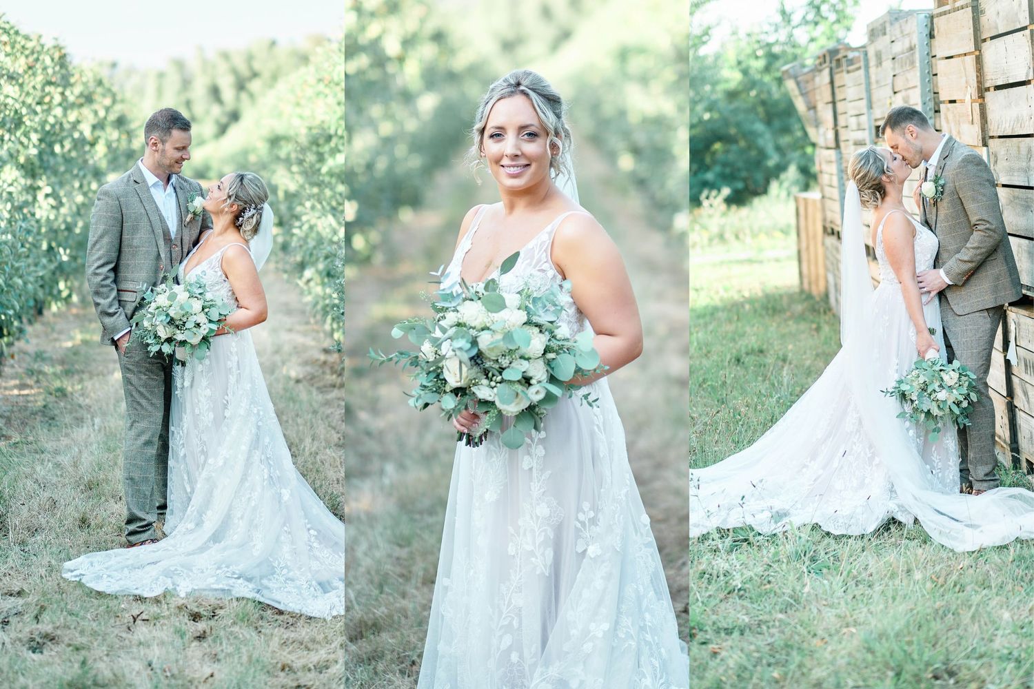 A three-panel collage of wedding portraits taken in a sunny outdoor setting.
