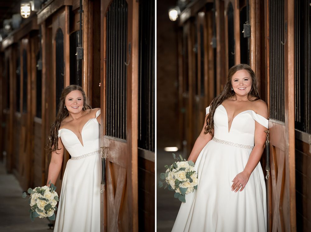 A collection of bridal portraits in an elegant wooden barn setting with dramatic lighting and rustic charm.