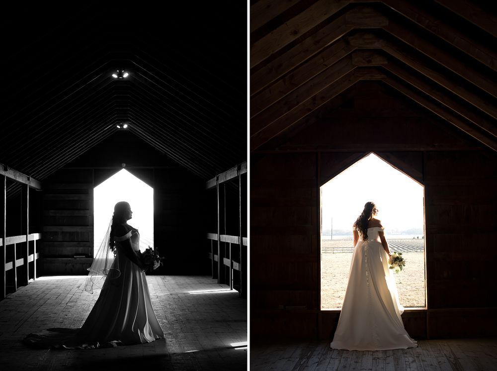 Dramatic silhouette shots in a dark barn with light streaming through doorways creating artistic contrast.