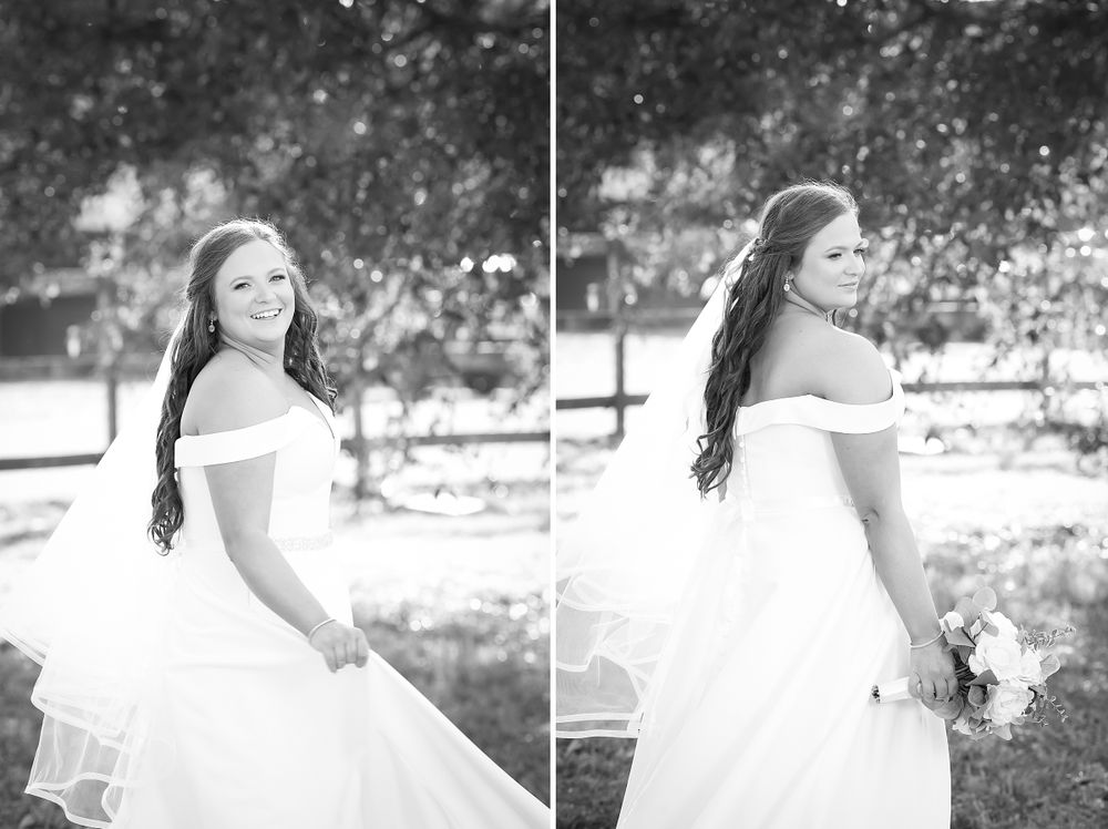 Black and white bridal portraits showcasing elegant poses and flowing dress details.
