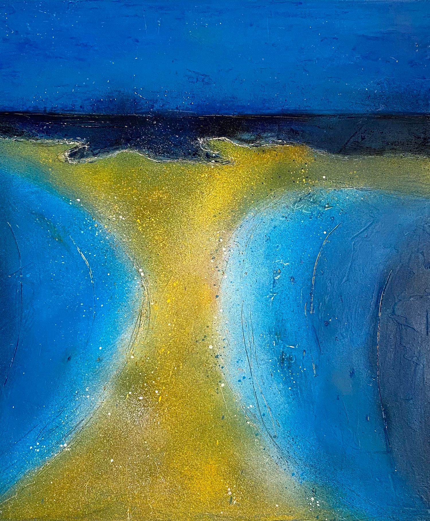 'Sea State VII' mixed media painting on canvas. Blue landscape with a central, yellow beach.