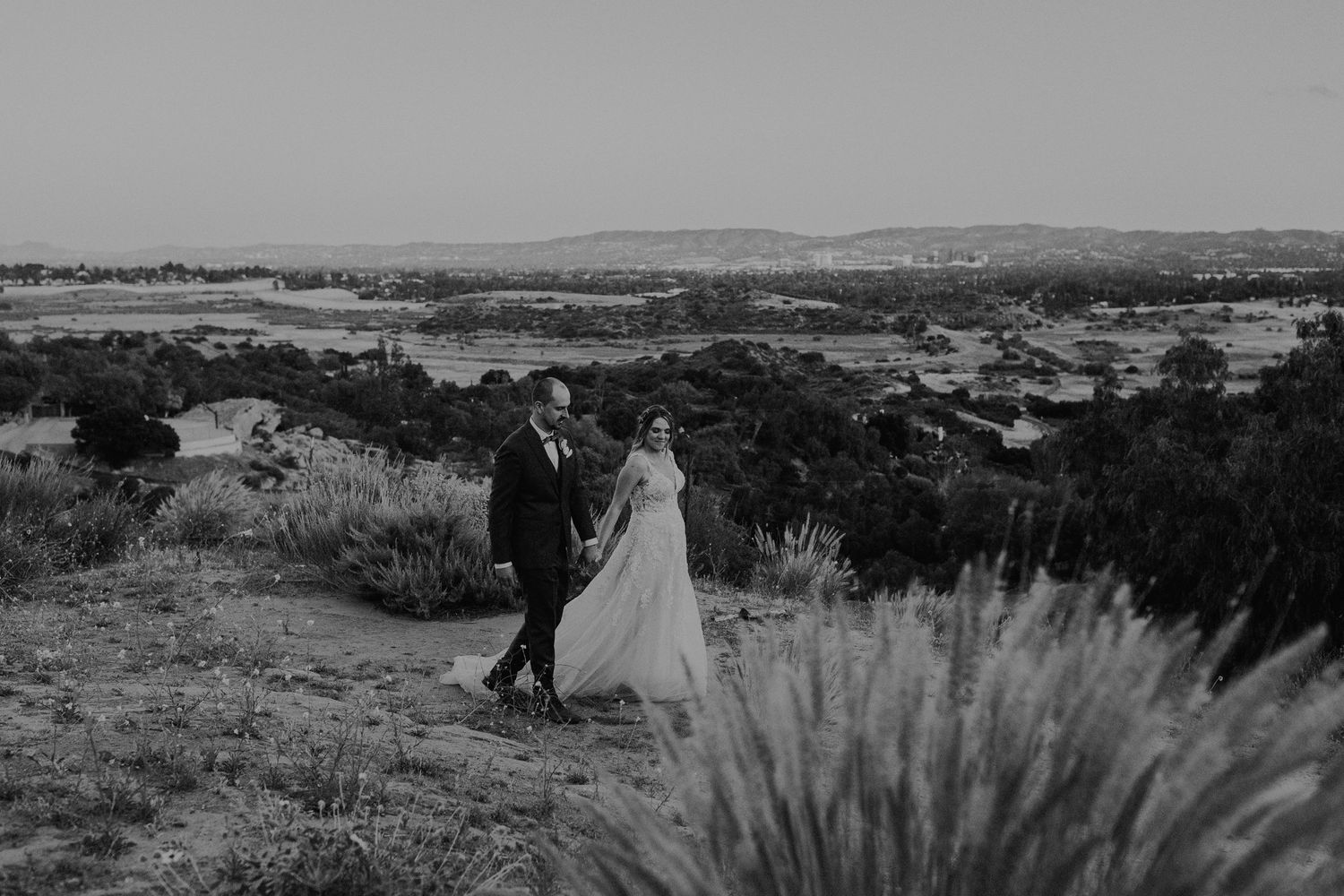 E Noelle Photography backyard wedding in Hidden Hills Los Angeles, bride and groom portraits in mountain black and white