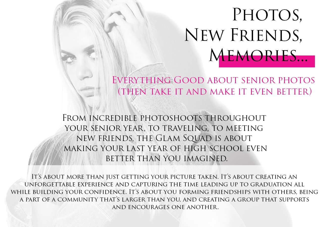 White text overlay on portrait promoting senior photo session benefits and memories.