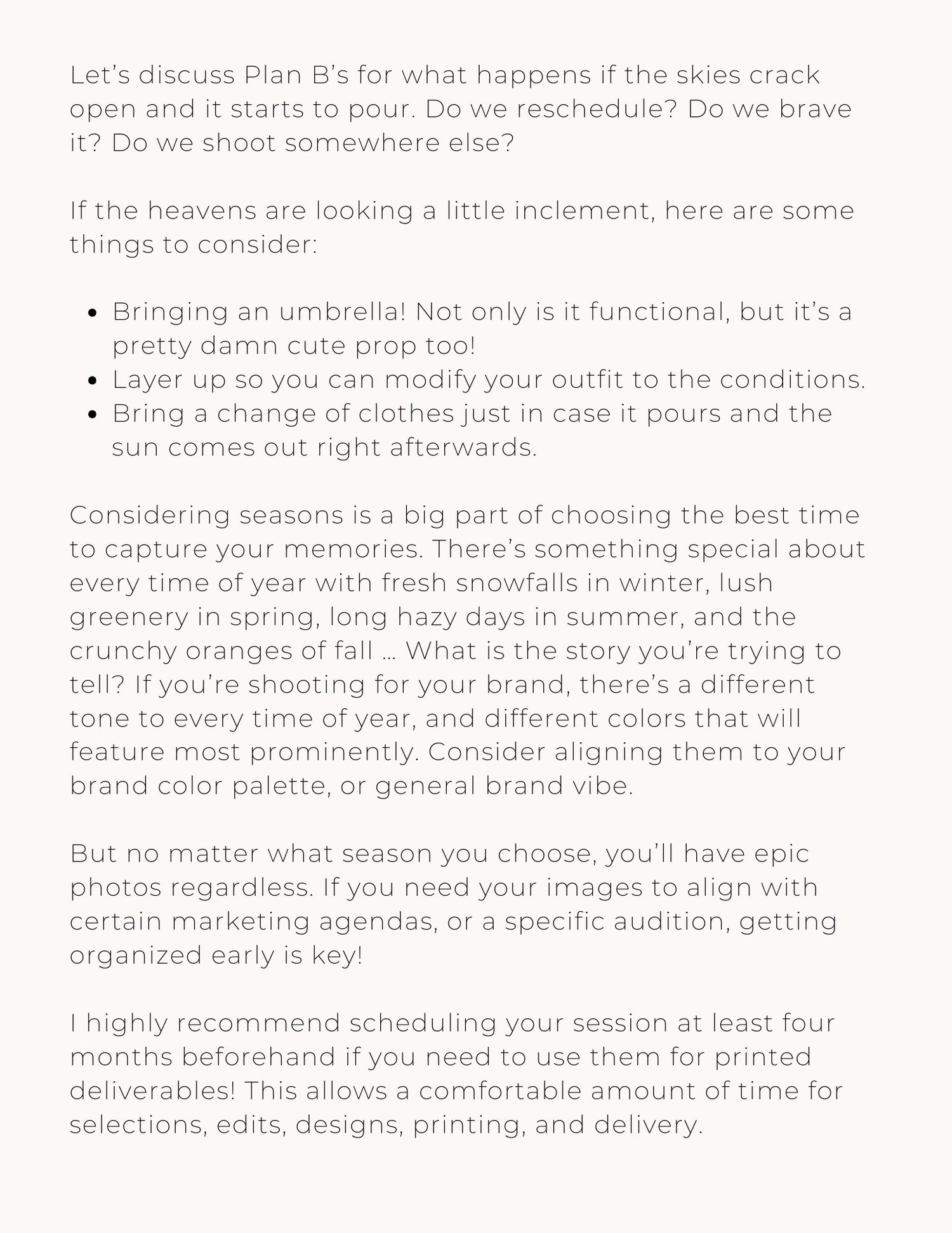 Page layout with text about photography session planning and weather considerations.