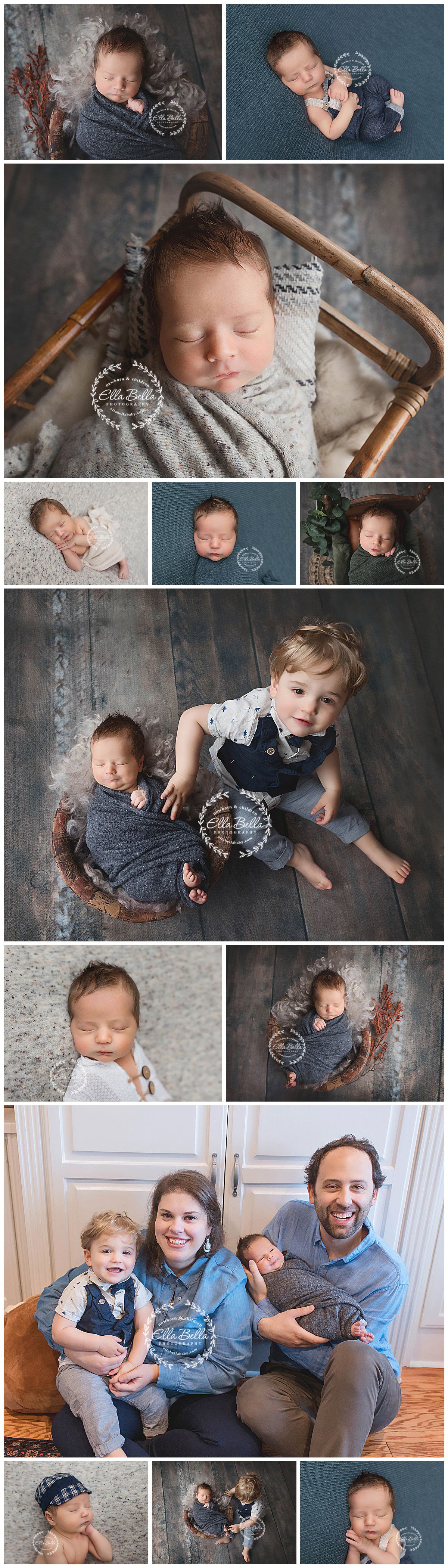 Professional newborn and family photography session featuring grey and navy tones.