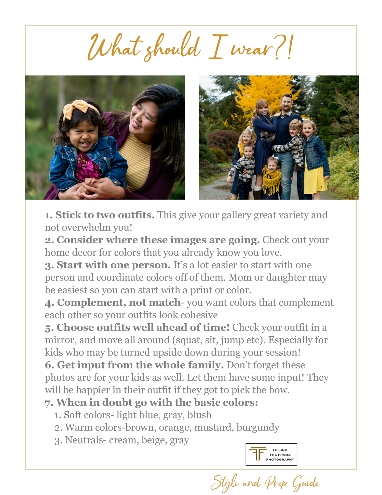 Style guide showing outfit coordination tips and photo examples for portrait sessions.