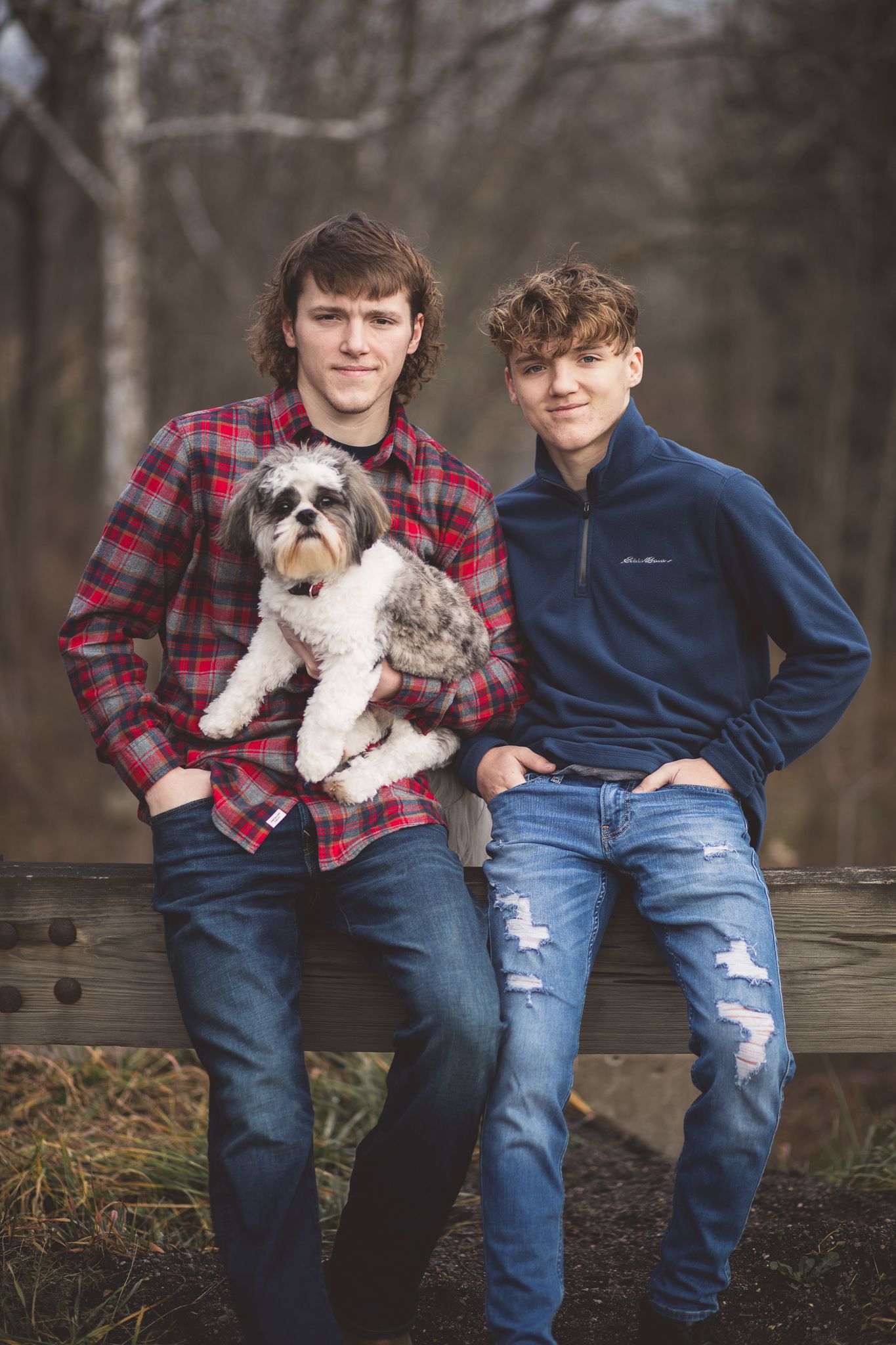 Two people in casual plaid and denim sit on a wooden fence with a small fluffy dog in a series of candid shots.