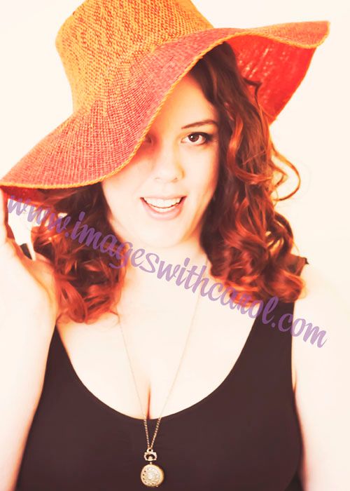 Multiple poses wearing bright orange sun hat and black sleeveless top.