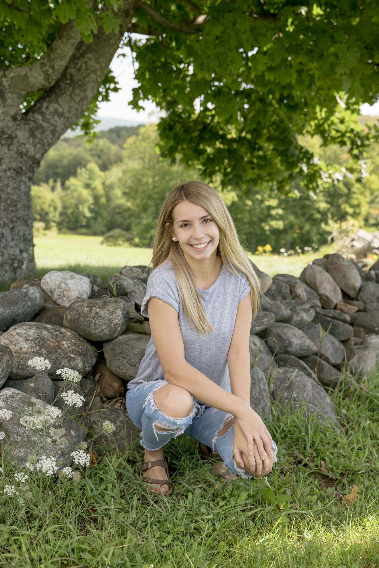 high school senior pictures typical NH Rock wall  under a large tree in farmington