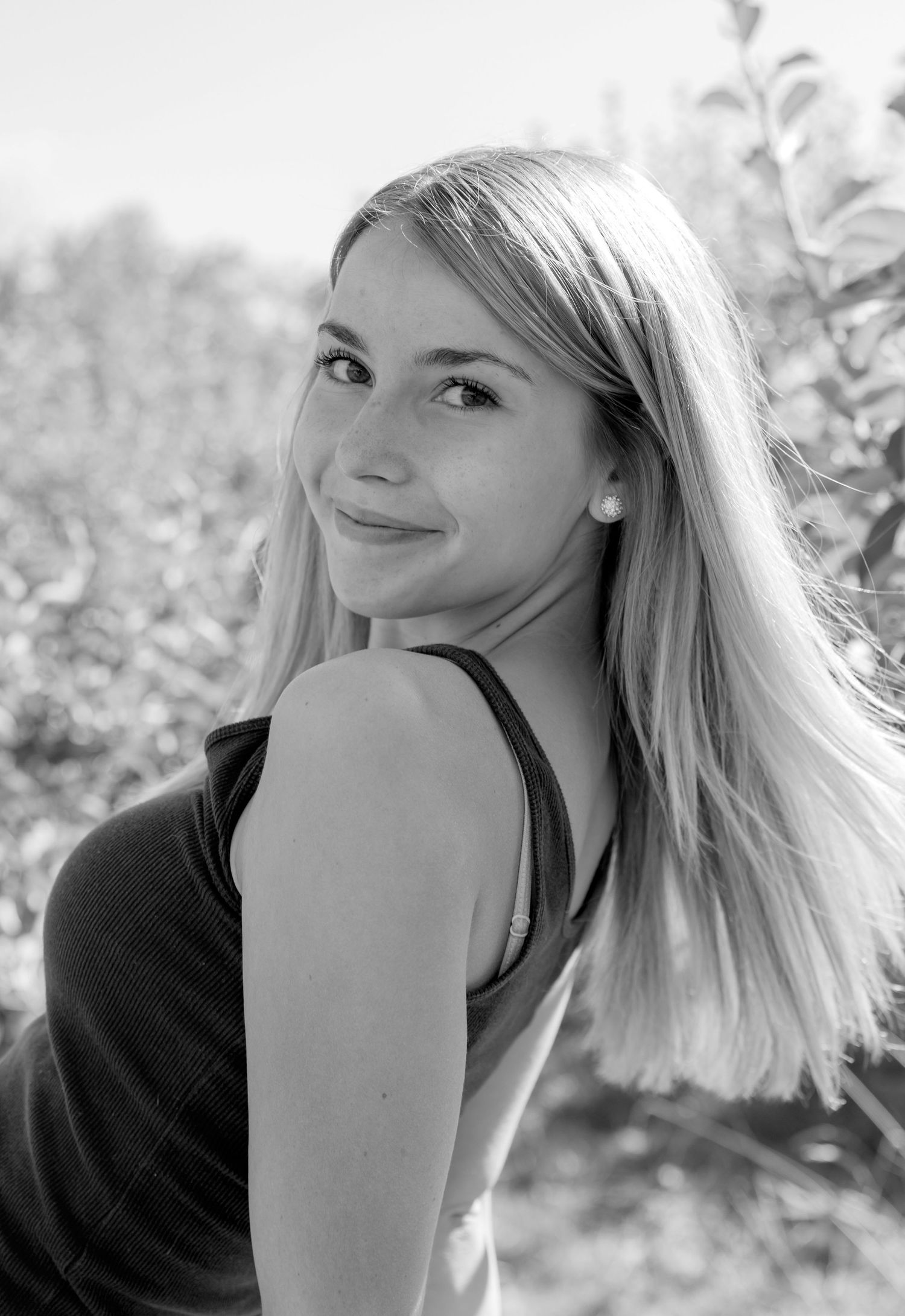 NH High school  senior portrait. black and white picture hair flowing, outside, Gilmington