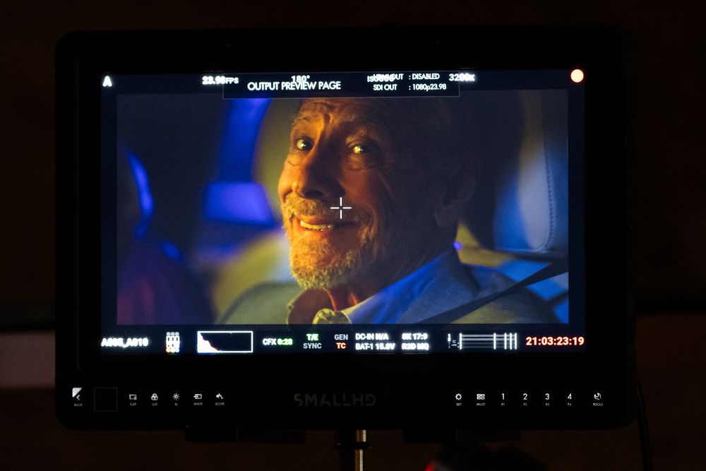 Dark monitor screen showing dimly lit footage with timestamp overlay.