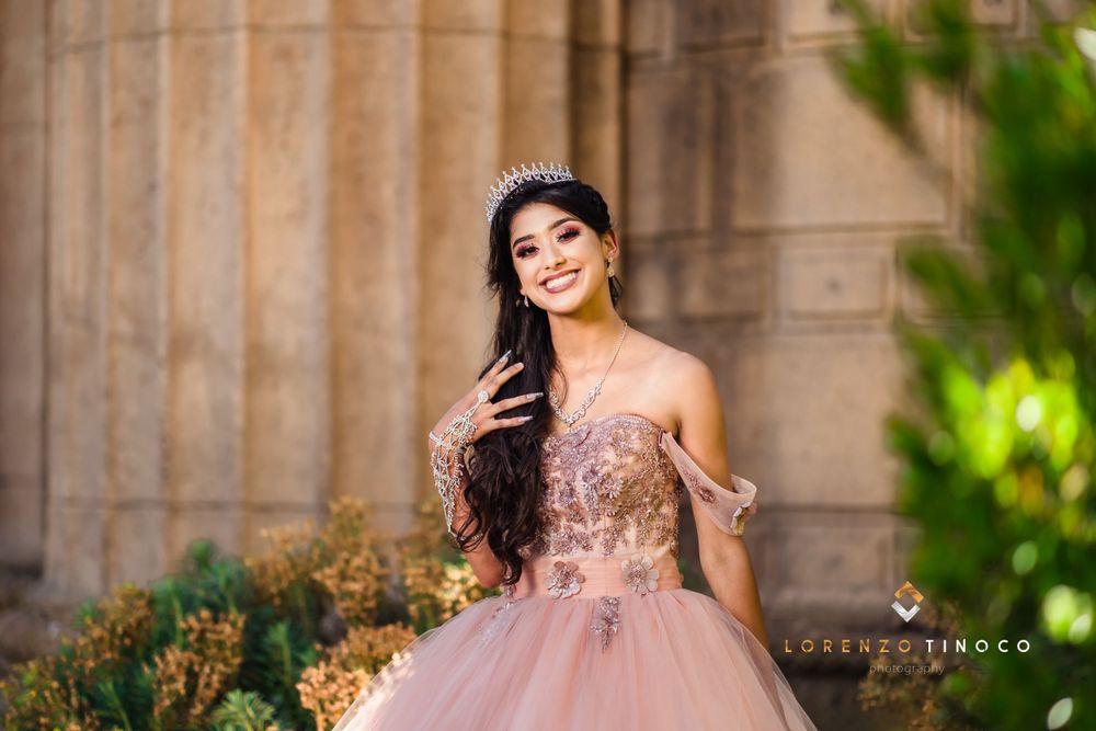 A stunning pink ballgown with intricate bodice details photographed against classic stone columns.