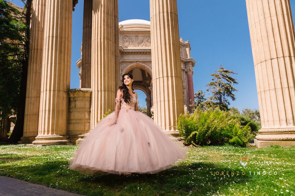 A full-length shot of a pink tulle gown framed by majestic stone columns against blue sky.