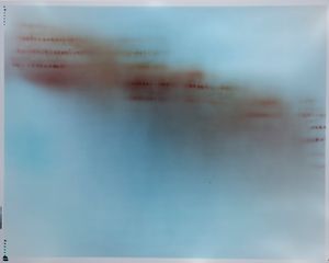 Abstract minimalist artwork featuring soft blue tones and blurred horizontal lines.