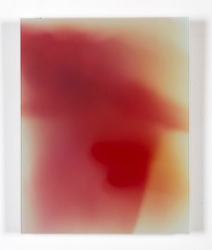 Abstract art piece with gradient red tones fading into white background.