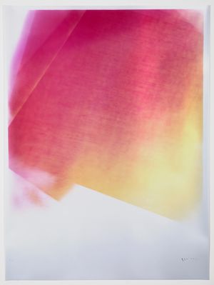 Abstract watercolor artwork with pink and yellow gradient fading to white.