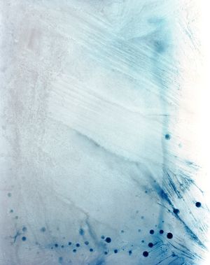 Ethereal blue and white watercolor texture with scattered dark droplets.