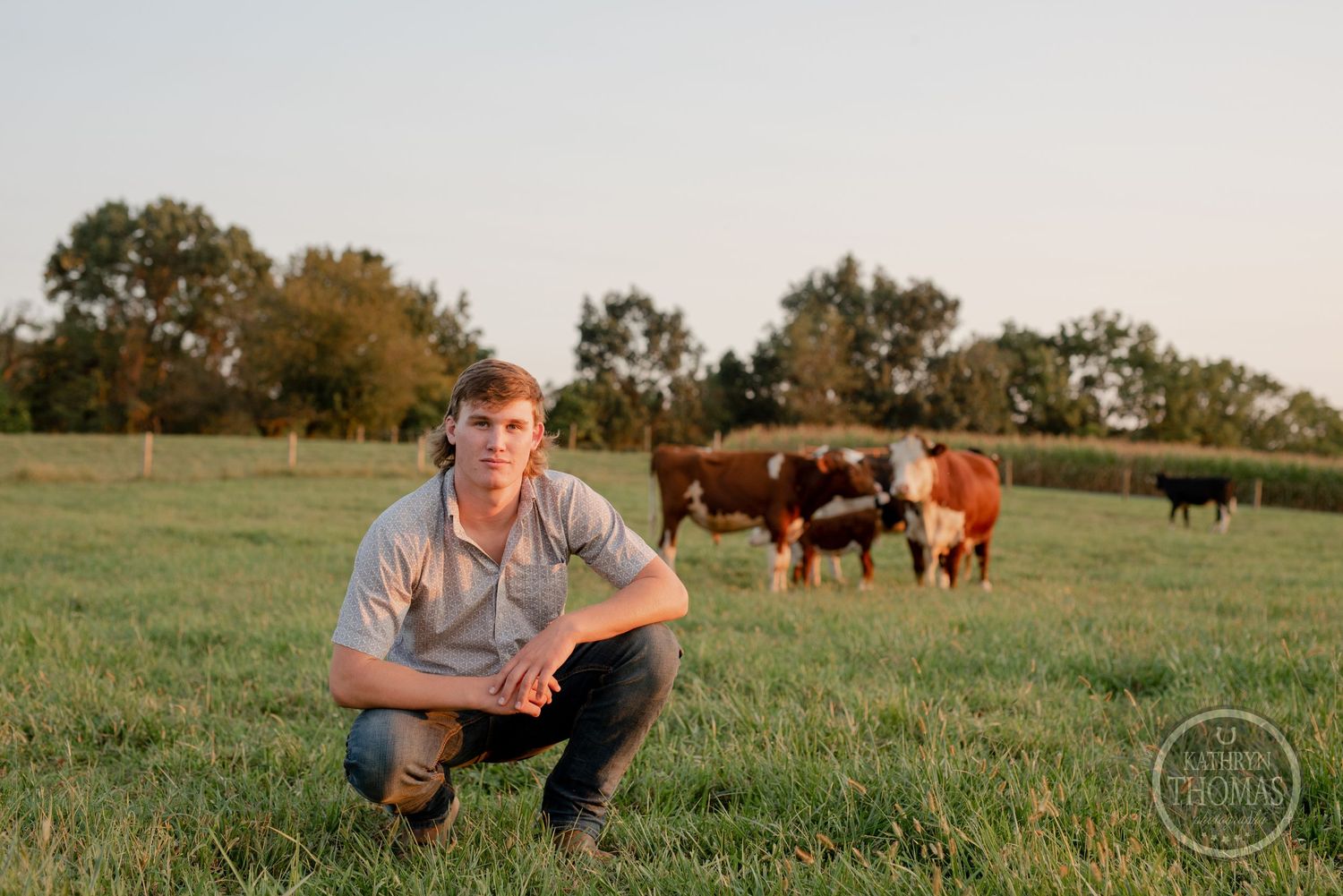 Farmer crouches in grassy field with brown and white cattle grazing behind.