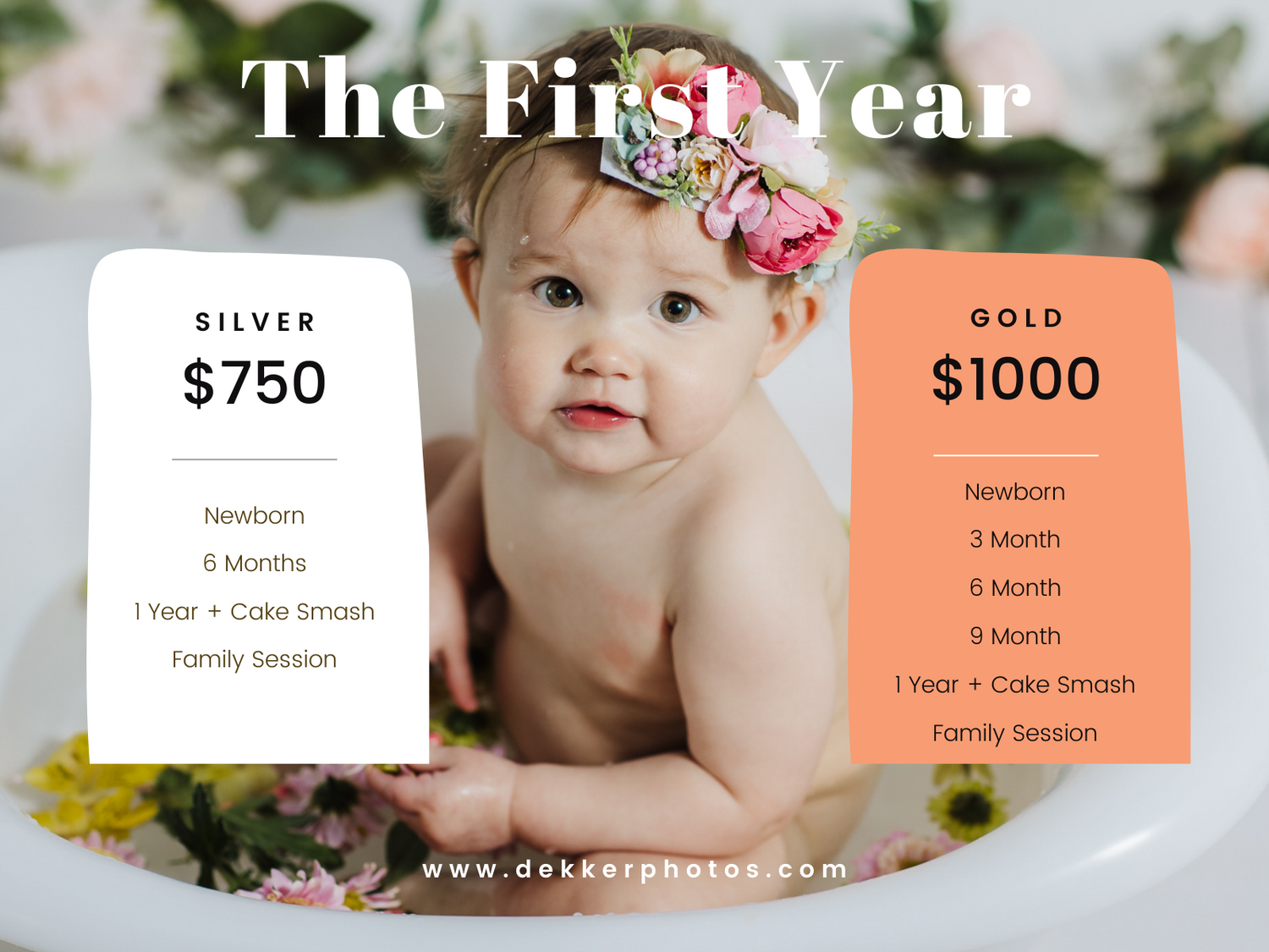 Photography pricing menu showing silver and gold packages with baby photography services and details.