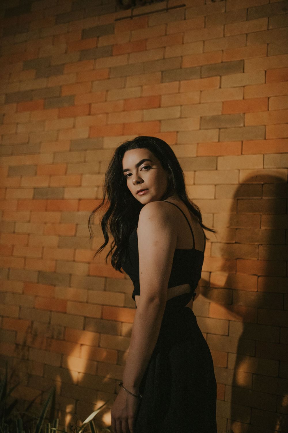 Moody portrait against textured brick wall with dramatic shadows and lighting.