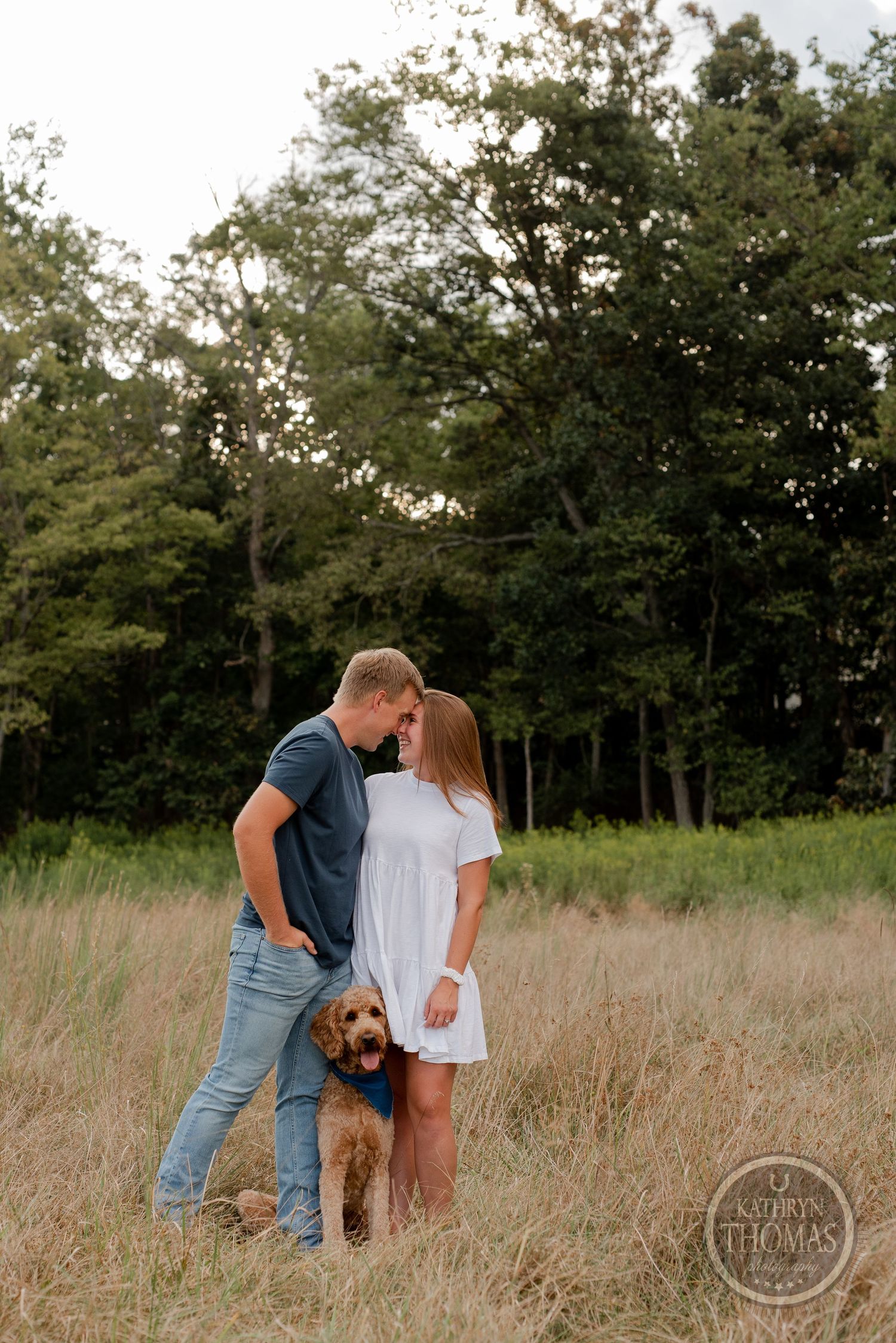 A couple embraces with their goldendoodle dog in a sunlit meadow beside a wooded area.