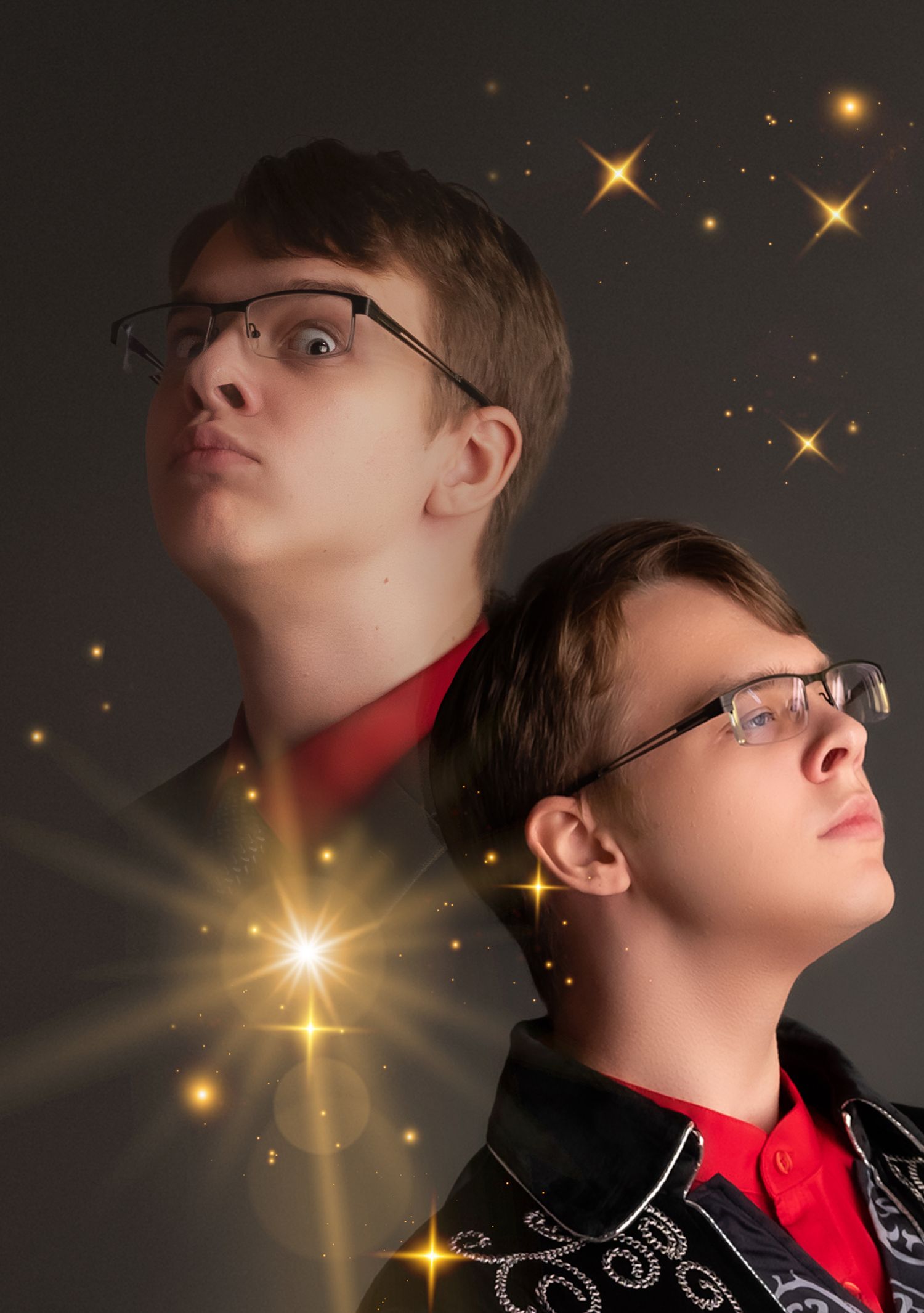 Artistic portrait with dramatic lighting and sparkle effects against dark background.