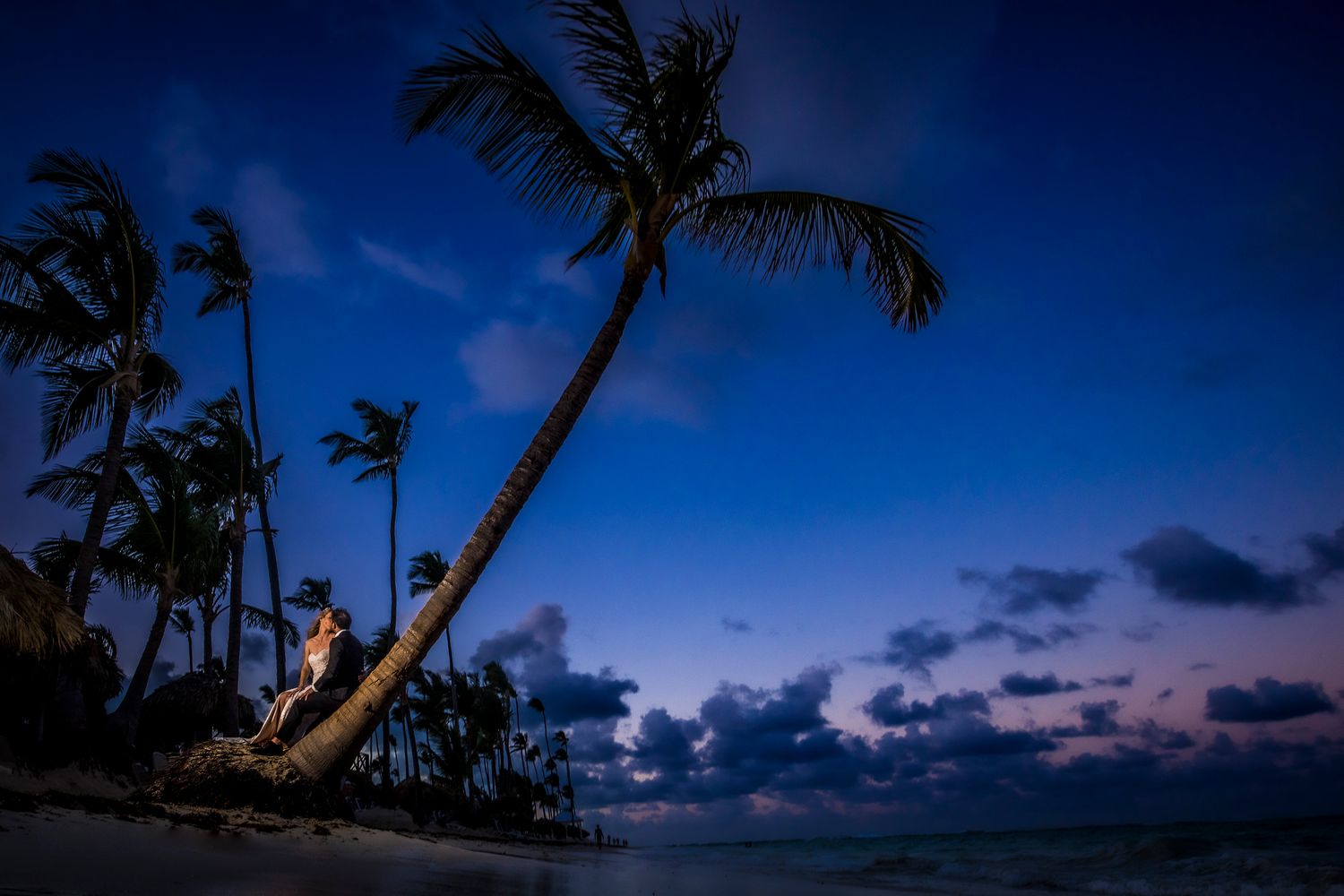 Palm trees silhouetted against a vibrant sunset sky over a tropical beach.